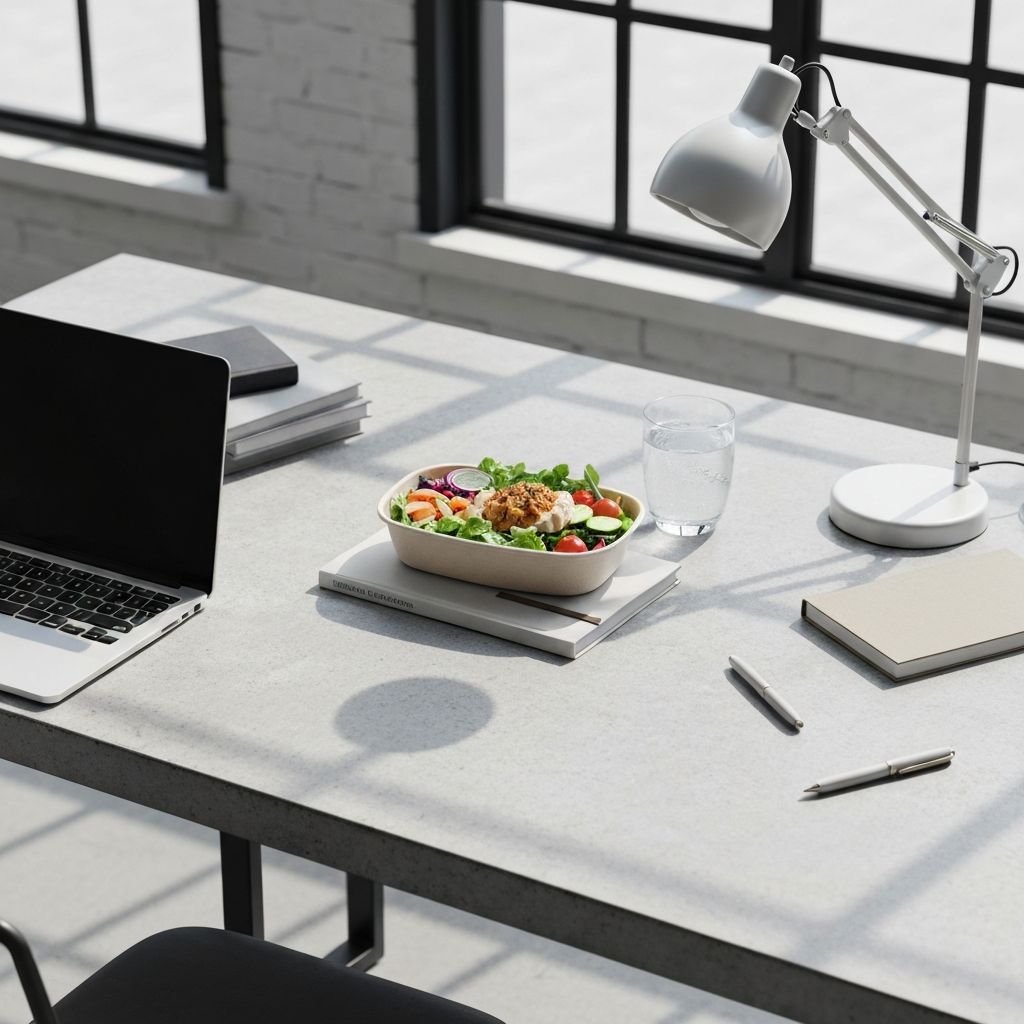 Modern loft-style workspace with healthy lunch setup