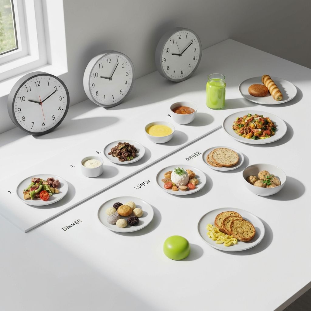 Minimalist meal timing visualization with clock elements and food