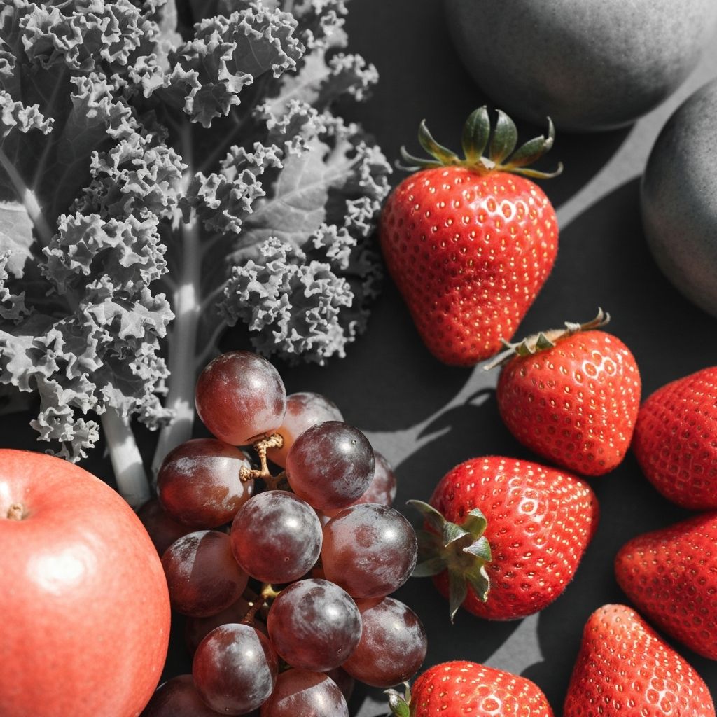 Close-up flat lay of fresh fruits and vegetables in natural daylight